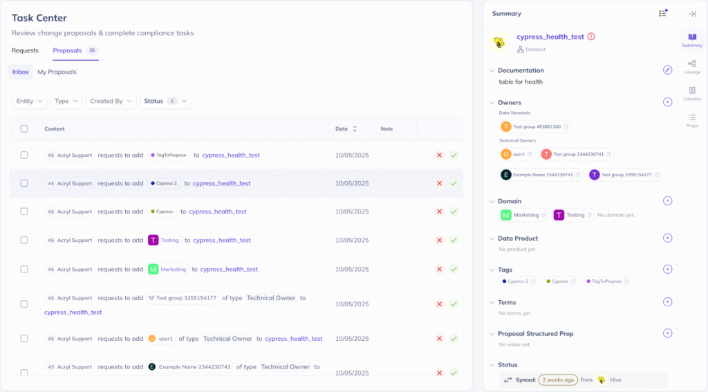 Screenshot of the redesigned Change Proposals interface in DataHub Cloud, now in Private Beta. The sleek new UI displays a streamlined inbox with options to browse, filter, and manage metadata proposals. 